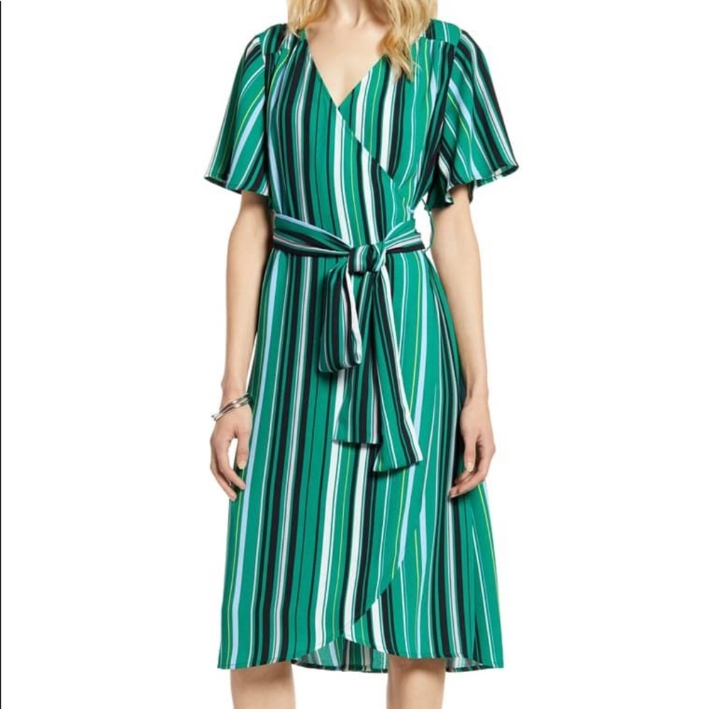 Halogen (Nordstrom) Green Striped Wrap Dress, Medium.  True wrap dress.